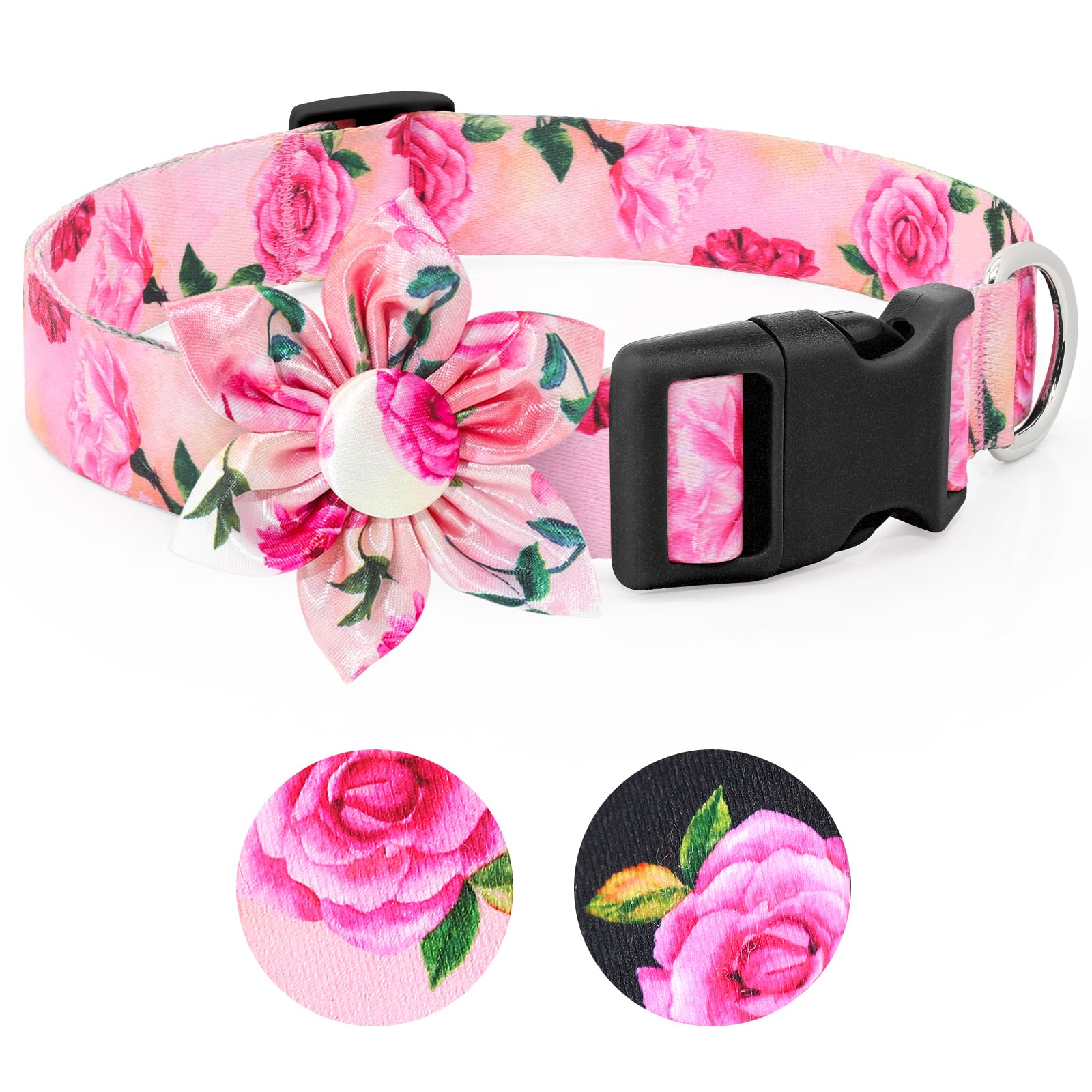 BiPawTi Pink Dog Collar with Bloom Decoration, Soft Floral Collars for Medium Dogs Female, Spring Summer Cute Flower Dog Collar Girl Female Dogs (Pink, M)