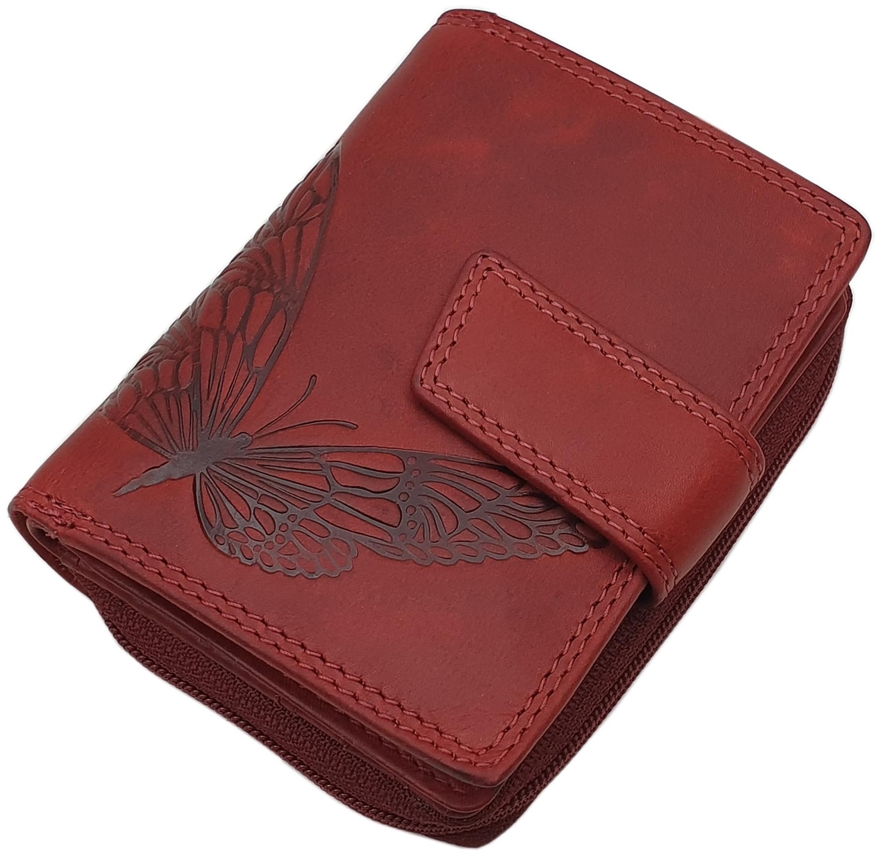 Small Cowhide Womens Purse with Butterfly-Motif with RFID & NFC Blocking (Wild Berry)