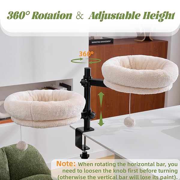 BYBYME CAT DESK BED FOR INDOOR CATS, KITTY BED FOR DESK SUPPORTS 44 LBS, 360° ROTATION & ADJUSTABLE, SOFT CAT NEST DESKTOP WITH HANGING BALL FOR OFFICE DESKS HOME TABLES, 12″ IN DIAMETER（WHITE）