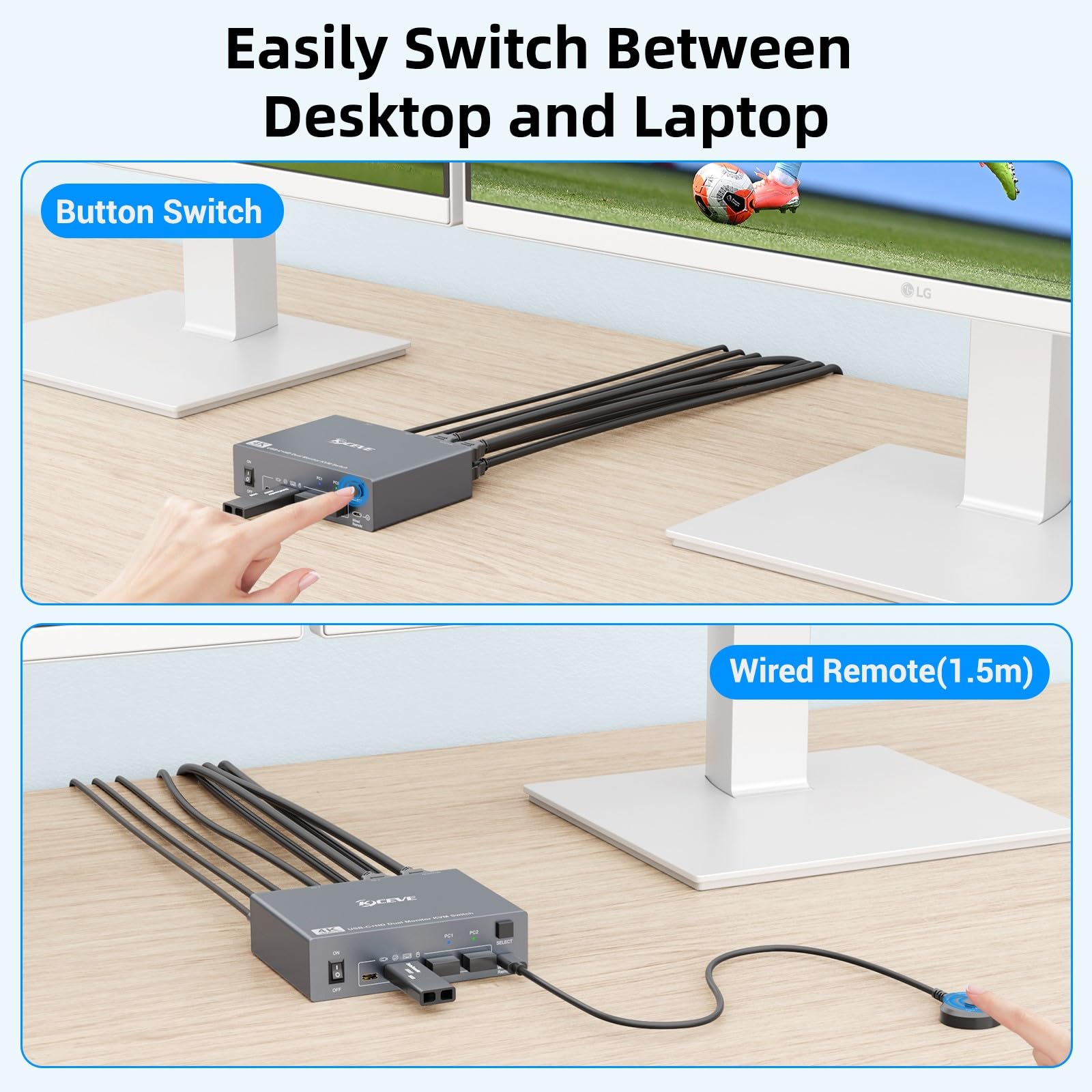 KVM Switch 2 PC 2 Monitore für 1 Laptop und 1 Desktop 4K@60Hz,USB C HDMI Dual Monitor KVM-Switches mit 4 USB 3.0 Port,80W PD Aufladung,USB-C Kabel,Verdrahtete Fernbedienung und 12V Netzteil Inklusive 5