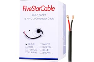 FiveStarCable 16/2 500 Ft. 2 Conductors Audio Speaker Lightning Installation High-Power Home Wiring Cable Wire (Black, 16-2 500ft)