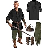Jiuguva 4 Pcs Halloween Men's Renaissance Costume Set Medieval Pirate Shirt Ankle Banded Pants Viking Belt Accessories