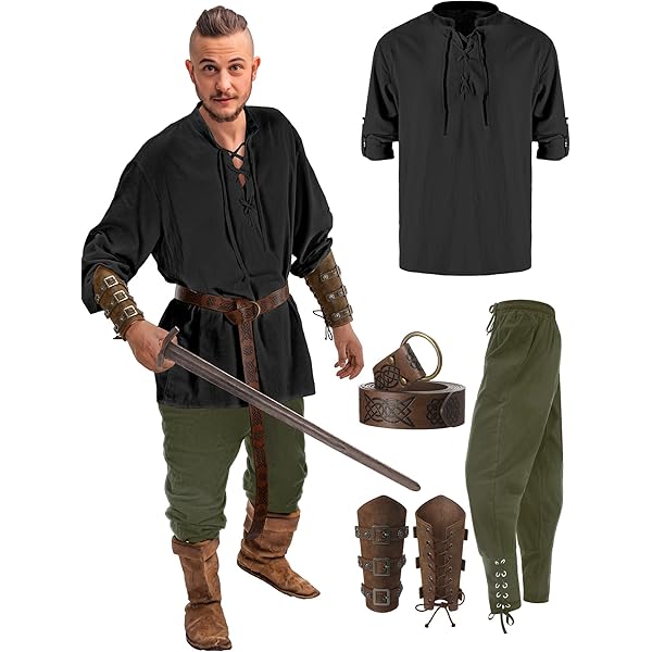 Tianher 7stuks Viking kostuum set,middeleeuwse kleding voor mannen en vrouwen Viking kostuum set met gordel,arm bewakers, gordel tas Viking Renaissance ridder decoratie voor Halloween,carnaval,cosplay