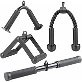 PluxwveL LAT Pulldown Attachments, 4-Piece Cable Machine Set | Rubber mesh grips, D-Handle, V-Bar, Straight Bar, tricep rope, snap-on carabiners, for home gyms and functional trainers