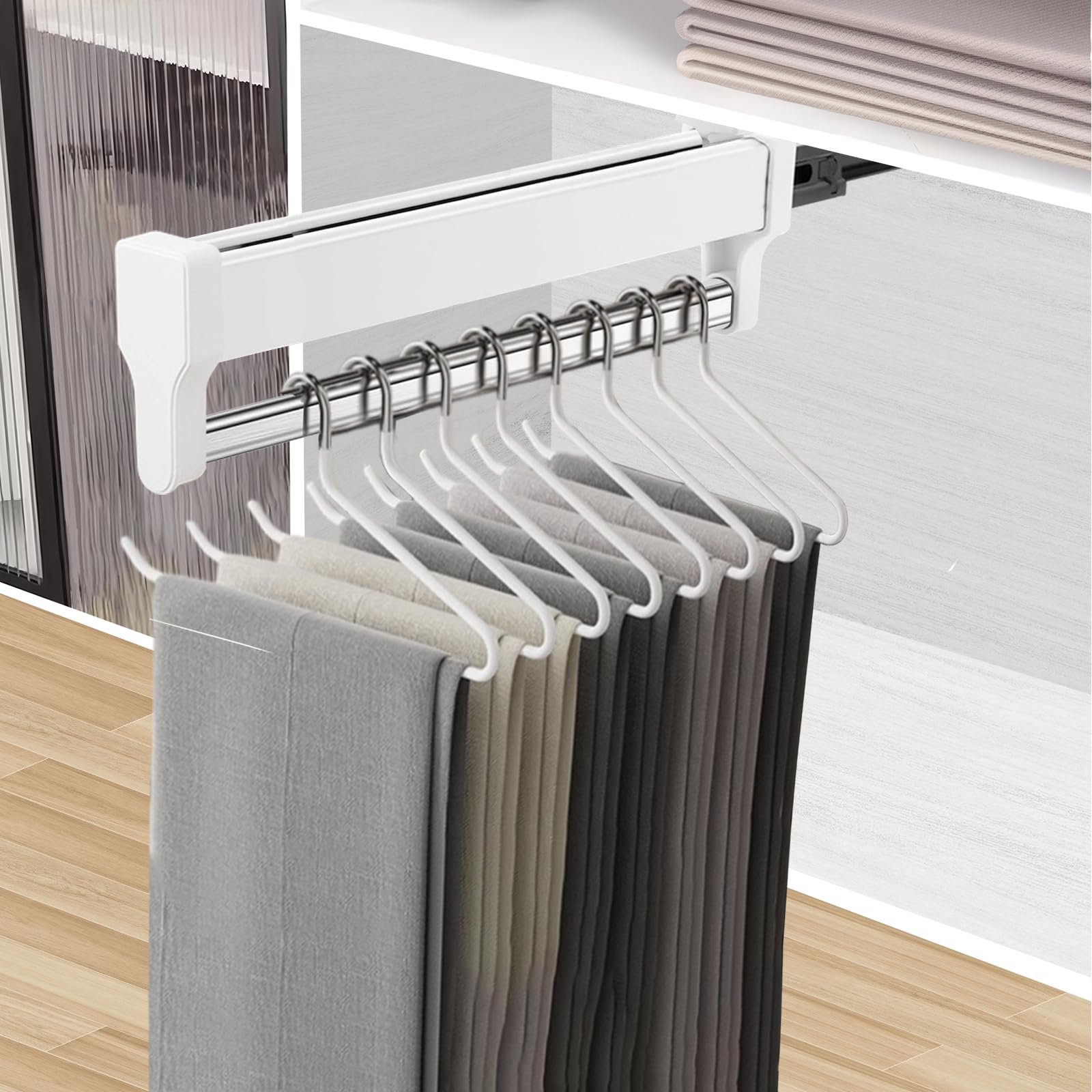 Pull Out Clothes Rail, Adjustable Pull Out Hanger Rail Rod for Wardrobe Trousers Clothing Storage, Space Saving, Load 25kg (White 497mm)