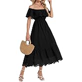 Simlakey Women's Summer Midi Dress High Waist Off Shoulder Ruffle Short Sleeve Hollow Out A Line Casual Long Dress 2025
