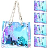 4 Pcs Large Holographic Clear Tote Bag Iridescent PVC with Rope Handles 11.8x15x4'' Stadium Approved Bag Waterproof Handbags for Concert Bridal Shower Bachelorette Party Wedding Gym Travel Beach