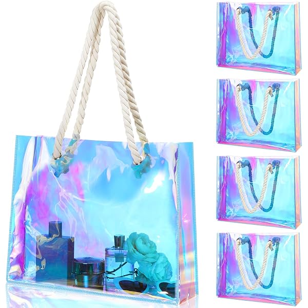 Umbresen Clear Holographic Tote Bags 2-Pack - Rainbow Iridescent PVC Stadium Bag
