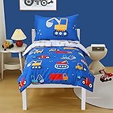 JQWUPUP Blue Cartoon Car Construction Toddler Bedding Set for Boys, 4 Piece Reversible Truck Lightweight Toddler Comforter with Bed Sheet Set