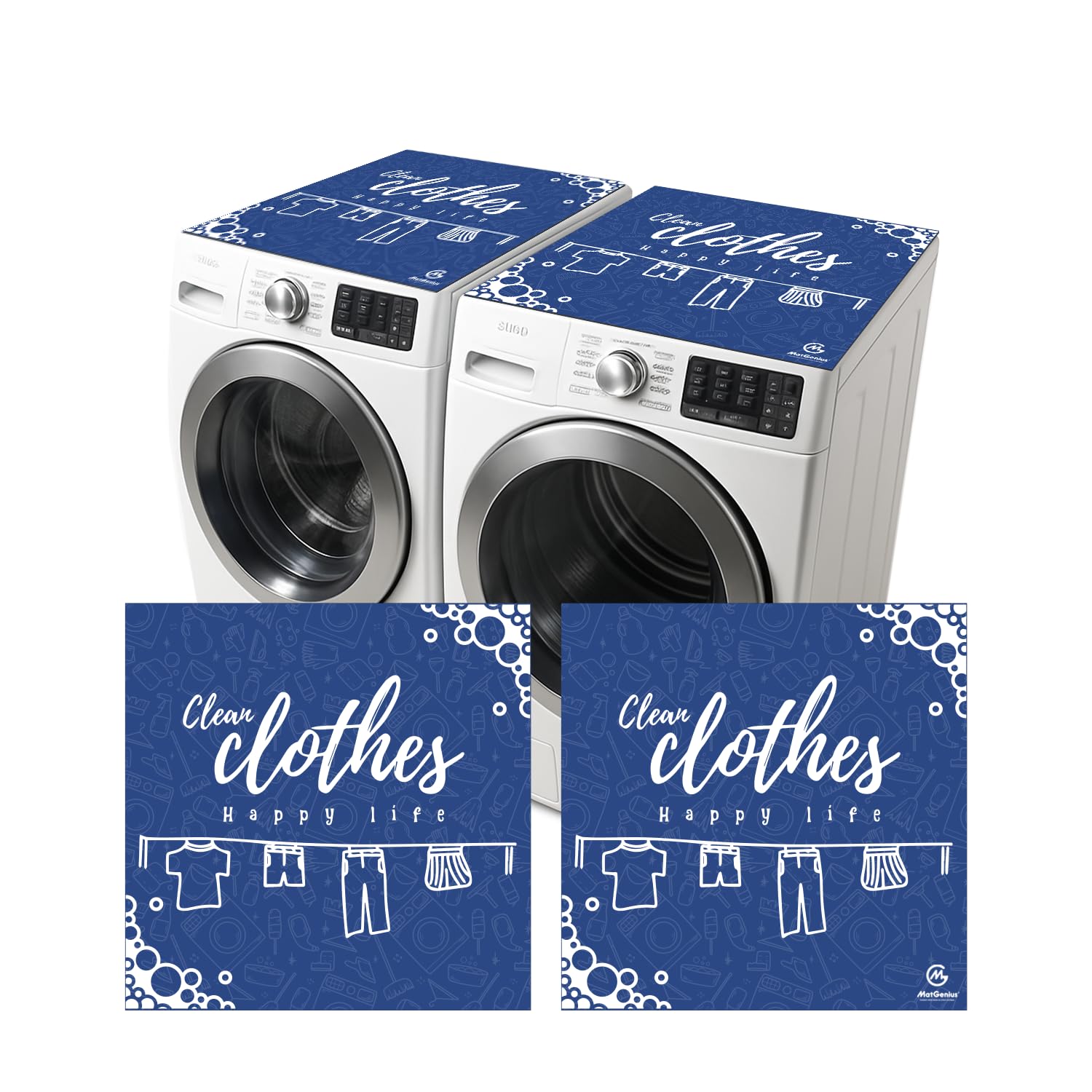 Photo 1 of (2PCS) Washer And Dryer Covers For The Top With Blue Design And Happy Life Words, Decorative Washer Dryer Topper And Washing Machine Cover For A Cheerful Laundry Room (23 x 23 in)