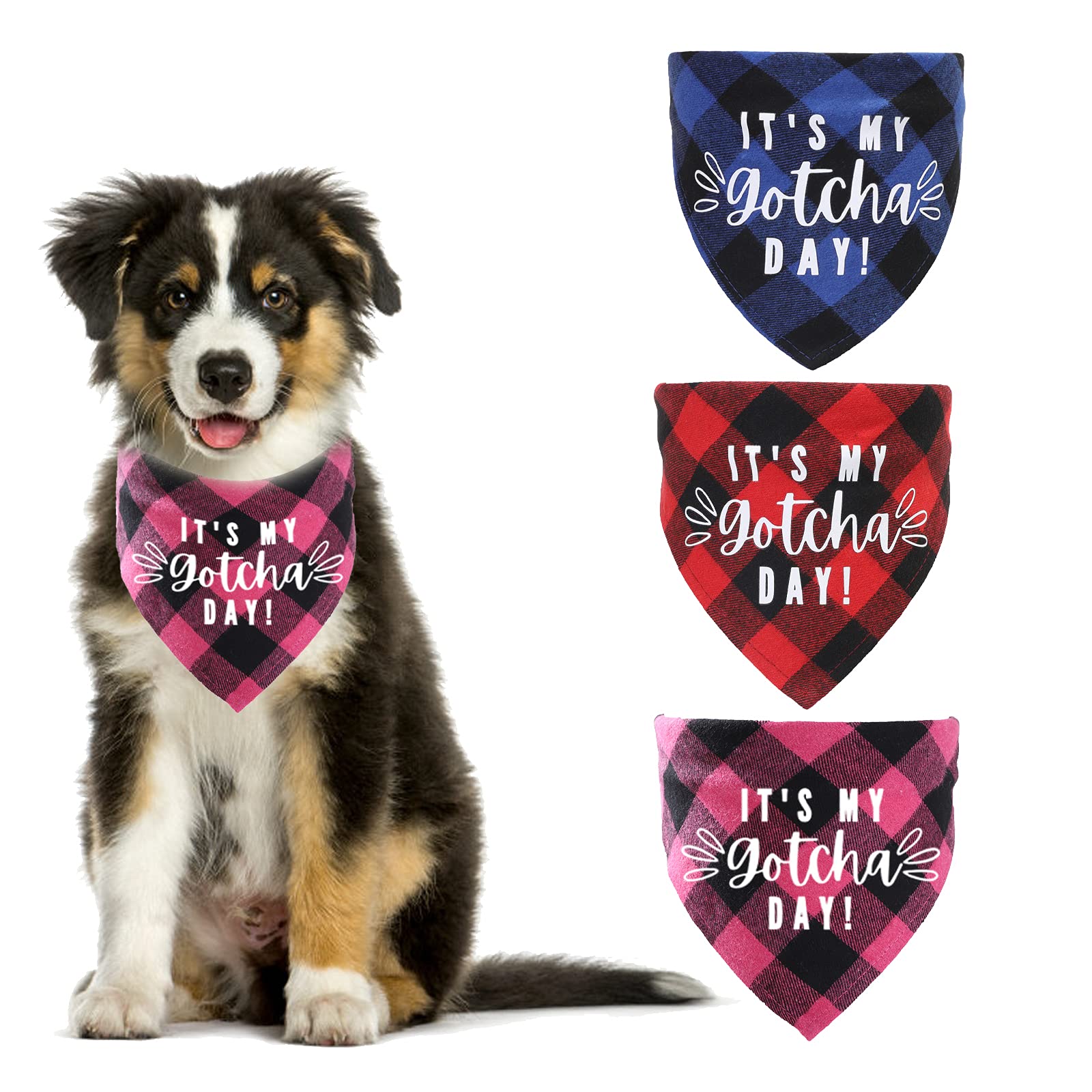 HACRAHO Plaid Dog Bandana, 3 PCS It’s My Gotcha Day Pet Scarf Adjustable Pet Bandana Scarf for Small Medium Dogs Cats Puppy, M