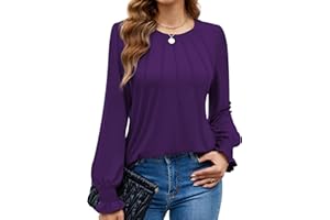 Funlingo Womens Long Sleeve Tops Fashion Fall Shirts Scoop Neck Pleated Ruffle Loose Tunic Tops Business Work Blouse