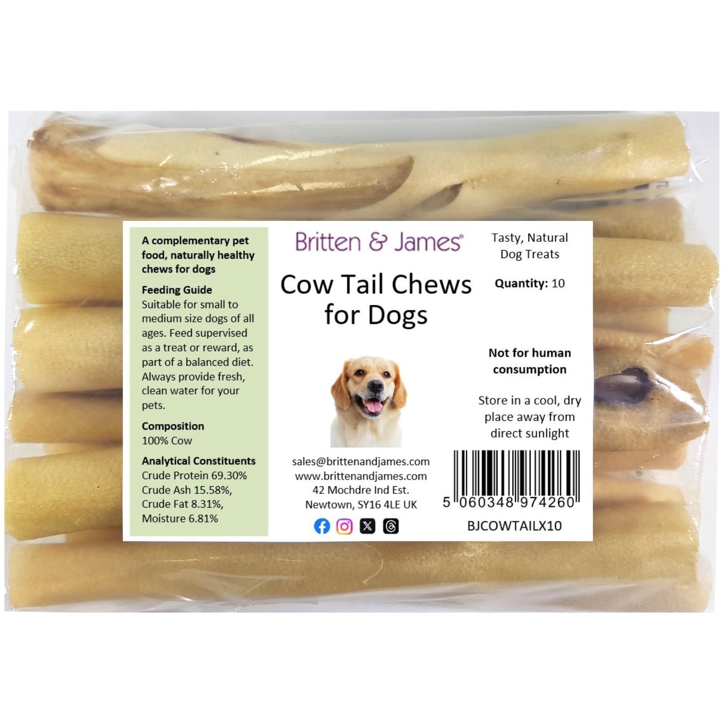 Britten and James 10 Cow Tails for Dogs (15cm length). 100% Natural Beef Dog Treat Chew and Long Lasting Dental Stick