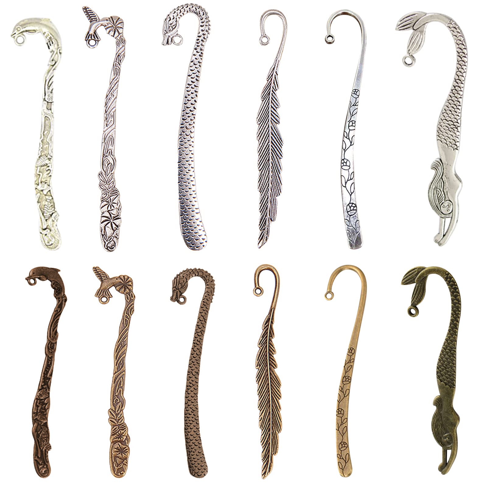 SUNNYCLUE 12pcs Mixed Metal Bookmark Hairpin Stripe Hook Carved Antique Vintage Jewellry Making Charms Findings Accessories for Crafting
