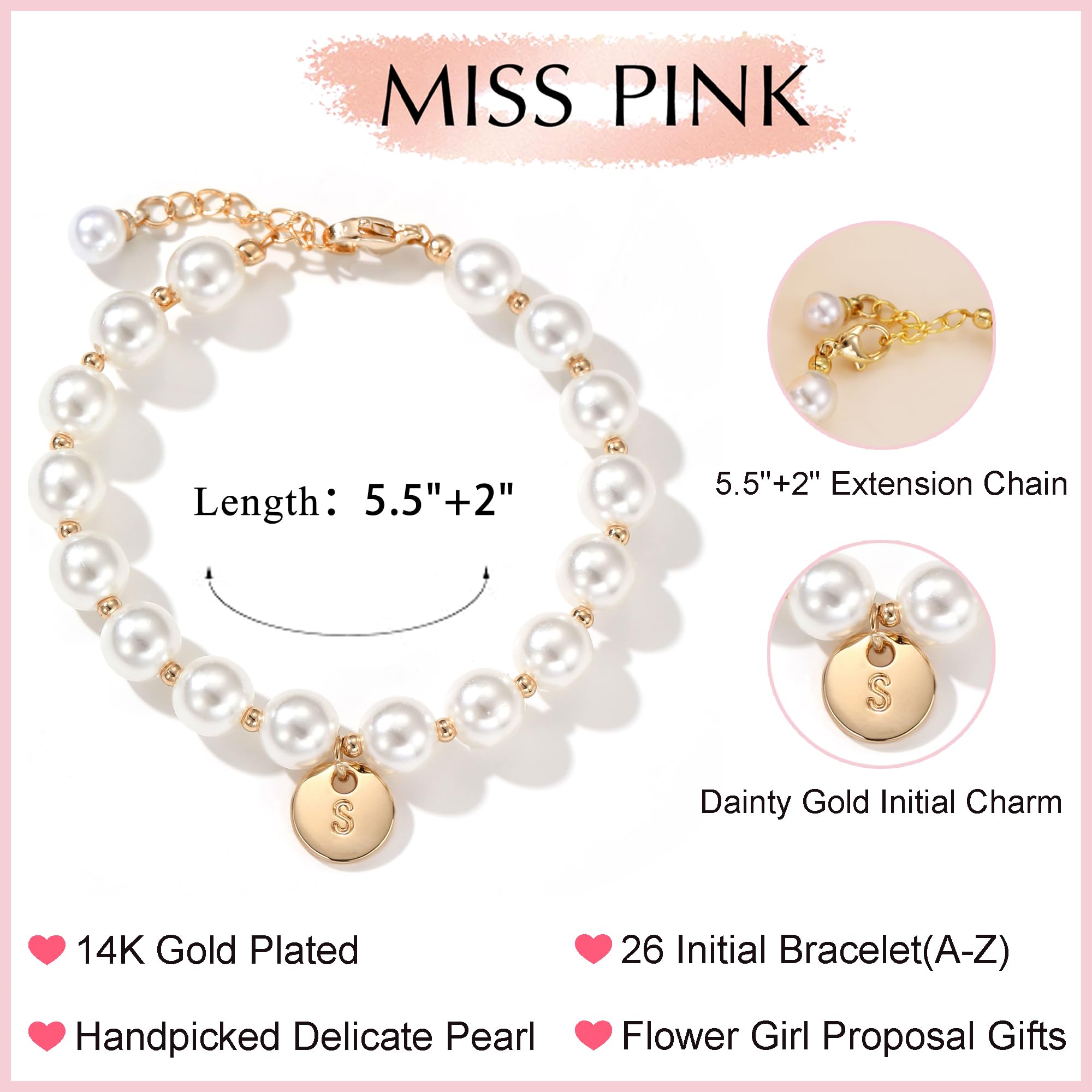 Miss Pink Initial Pearl Bracelet Flower Girl Bracelet Proposal Gifts for Girls, Dainty Gold Pearl Bracelets with Letter A-Z Personalized Name Jewelry Birthday Christmas Wedding Party Gift for Her