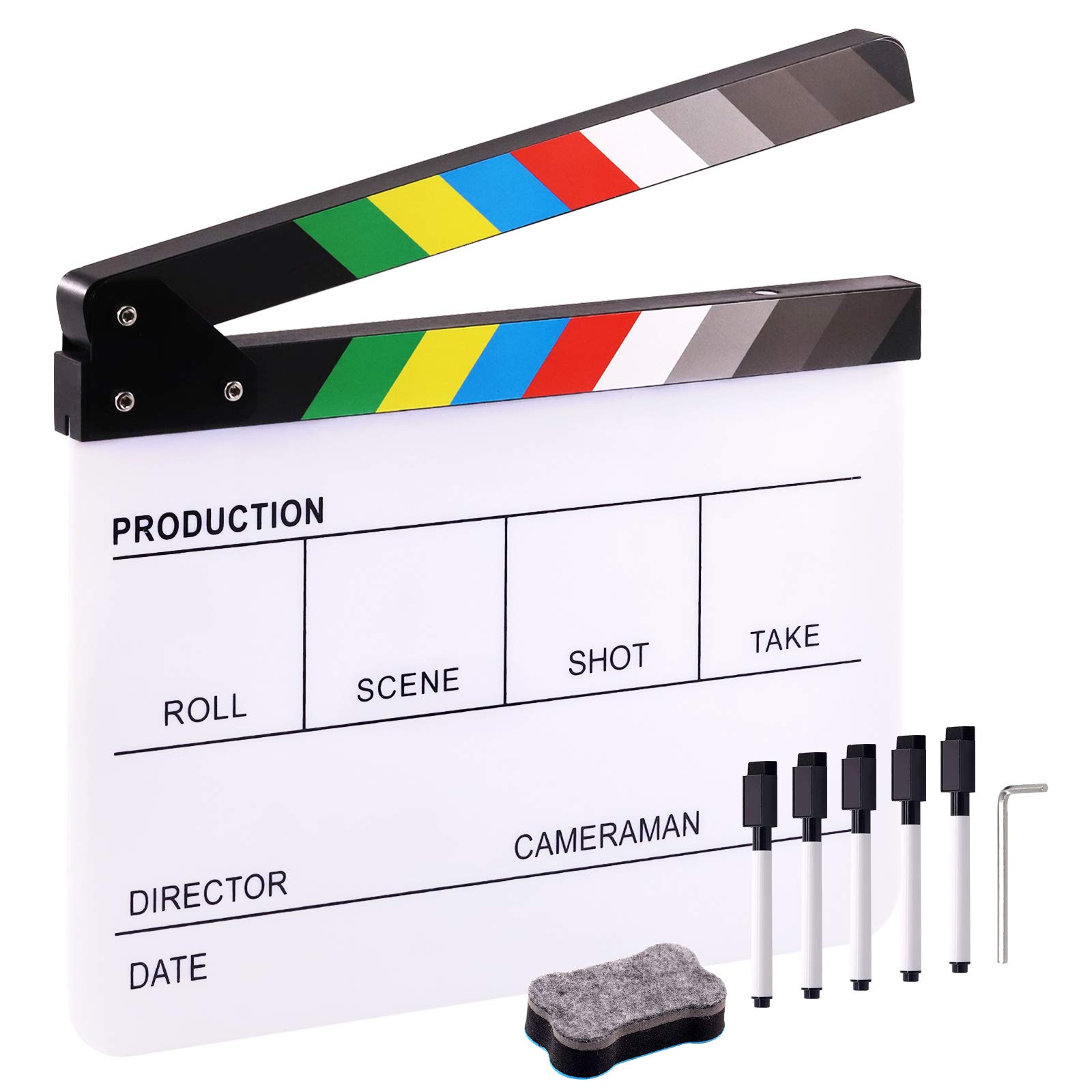 Hilitchi Film Movie Cut Action Board Acrylic Plastic Slate 25x30cm/10x12 Dry Erase Director's Film Clapboard with Color Sticks and with 5 Whiteboard Markers, 1 Eraser and 1 Wrench