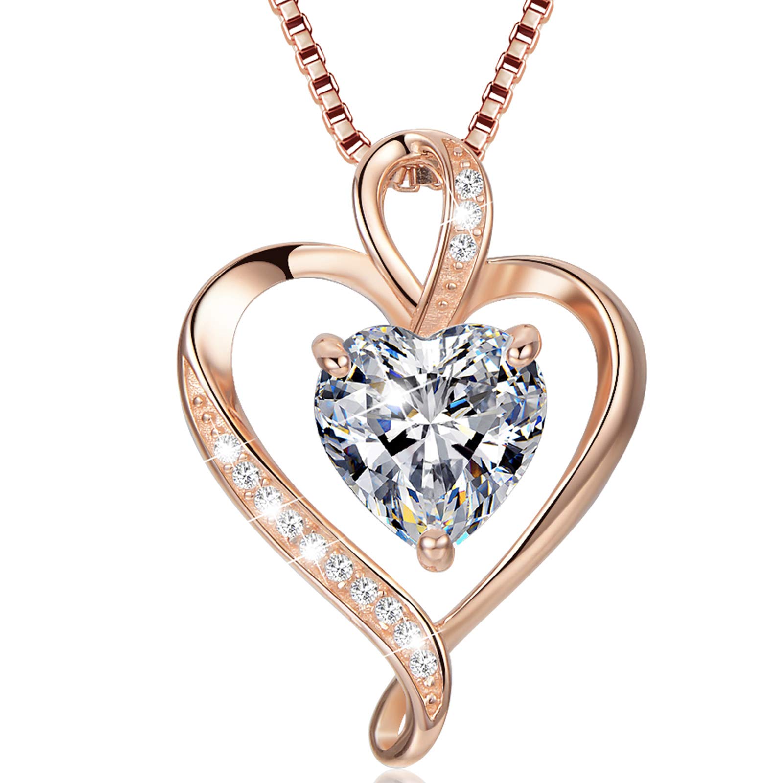 LAVUMO Heart Necklace for Women Real 925 Sterling Silver/Brass Love Cubic Zirconia Pendant Brithstone Necklace Birthday Mothers Day Jewellery Gifts for Women(Rose Gold-Apri,Sterling Silver)