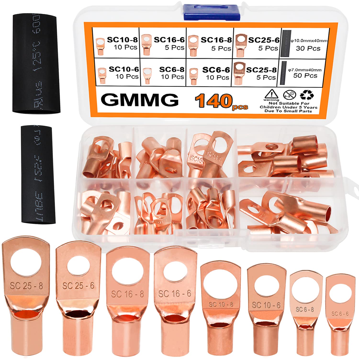 Ring Terminals Copper Wire Lugs Crimp Connectors 60 PCS Terminal Connectors 8 Types SC Tubular Cable lugs, with 80 PCS Heat Shrink(Gold)