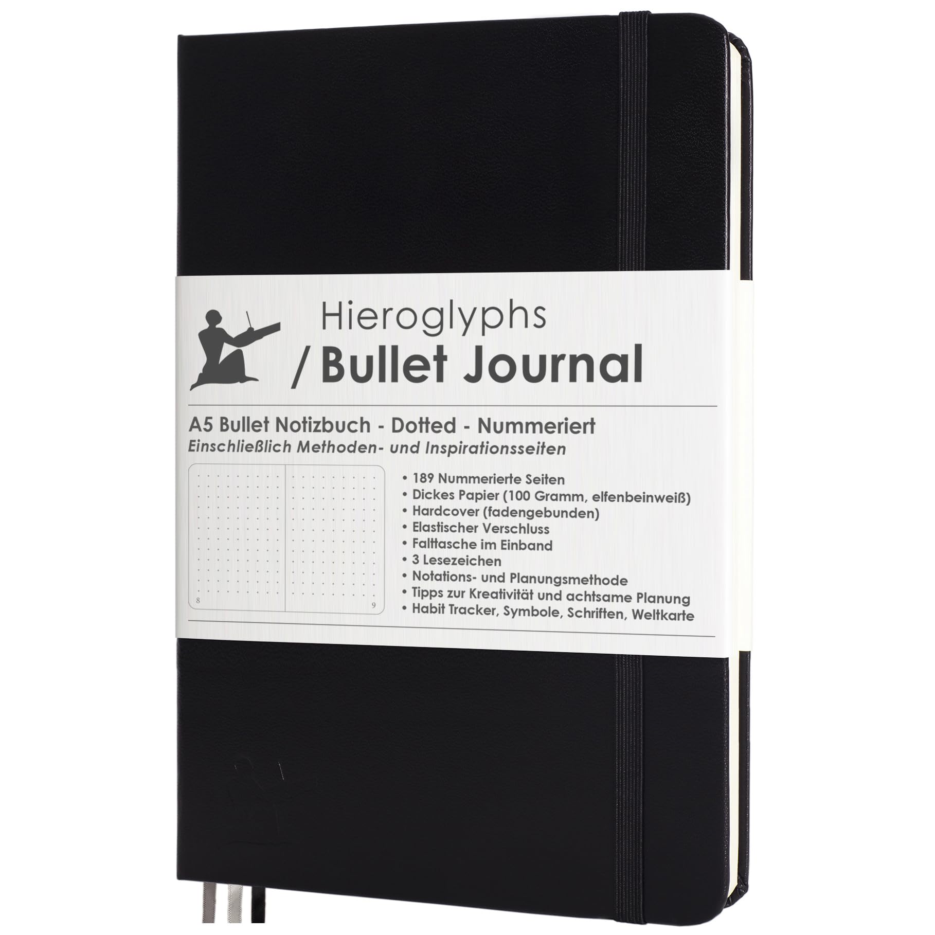 Hieroglyphs Bullet Journal - notebook dotted (A5) - with german instructions - strong ivory white paper - hard cover with inner pocket, elastic closure band and 3 bookmarks (black)