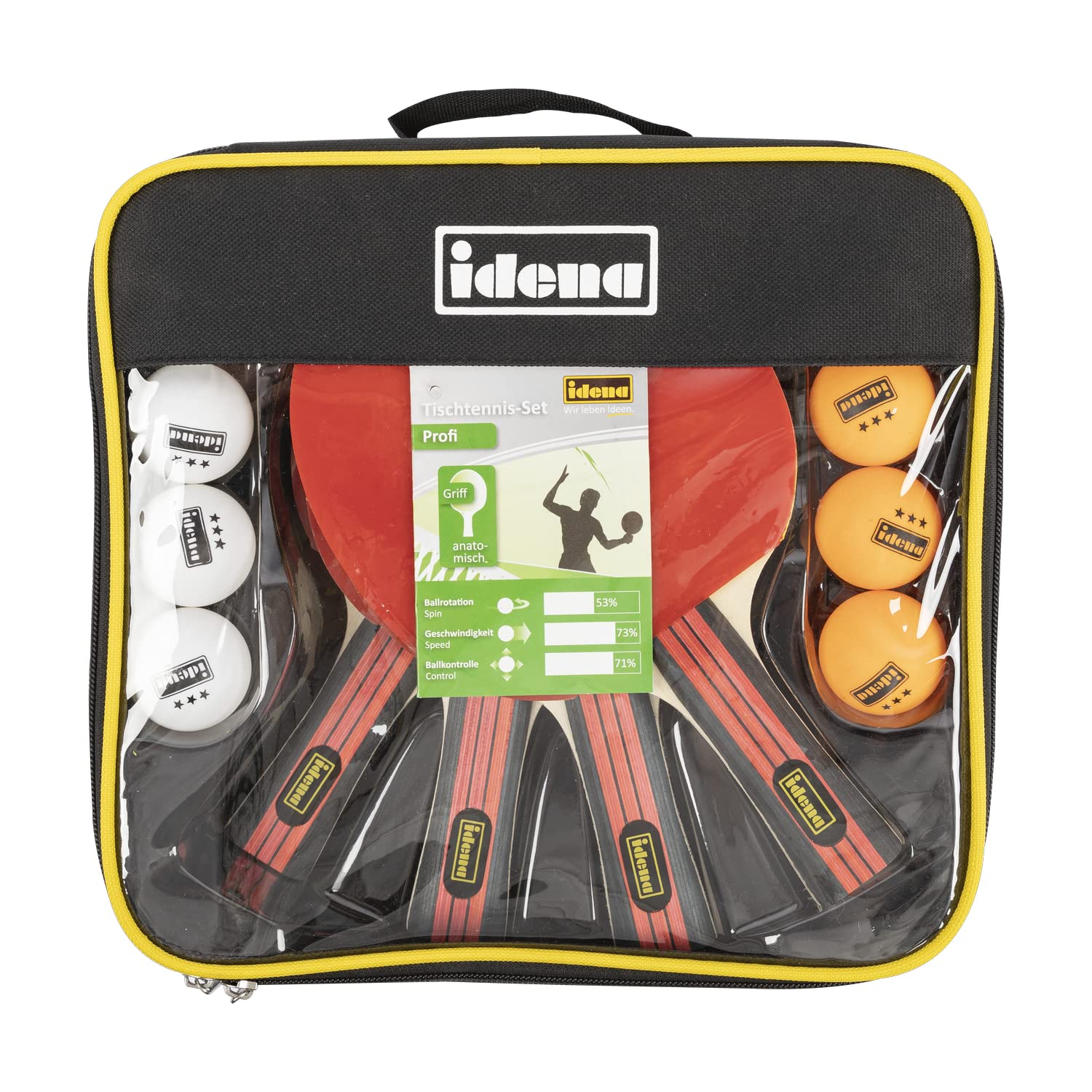Idena 40222-12-Piece Table Tennis Set with 4 Table Tennis Bats and 8 Balls in White and Orange in 3 Star Quality, Packed in a Carry Bag