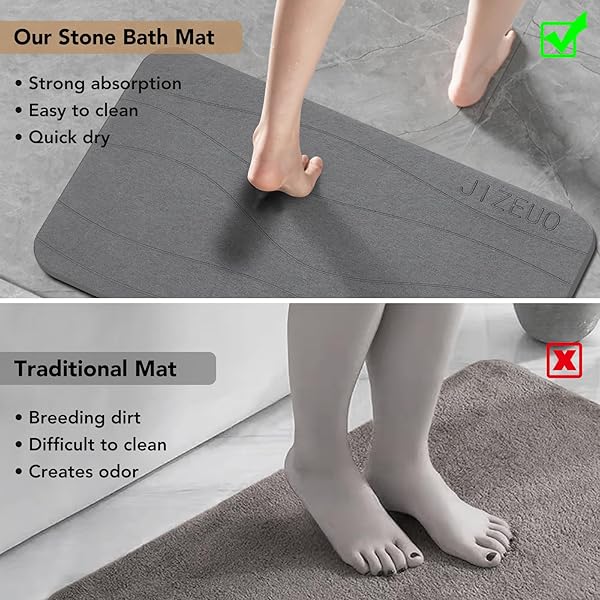 JIZEUO STONE BATH MAT, SET OF 3,DIATOMACEOUS EARTH SHOWER MAT, NON-SLIP SUPER ABSORBENT QUICK DRYING BATH MAT FOR BATHROOM FLOOR, GREY