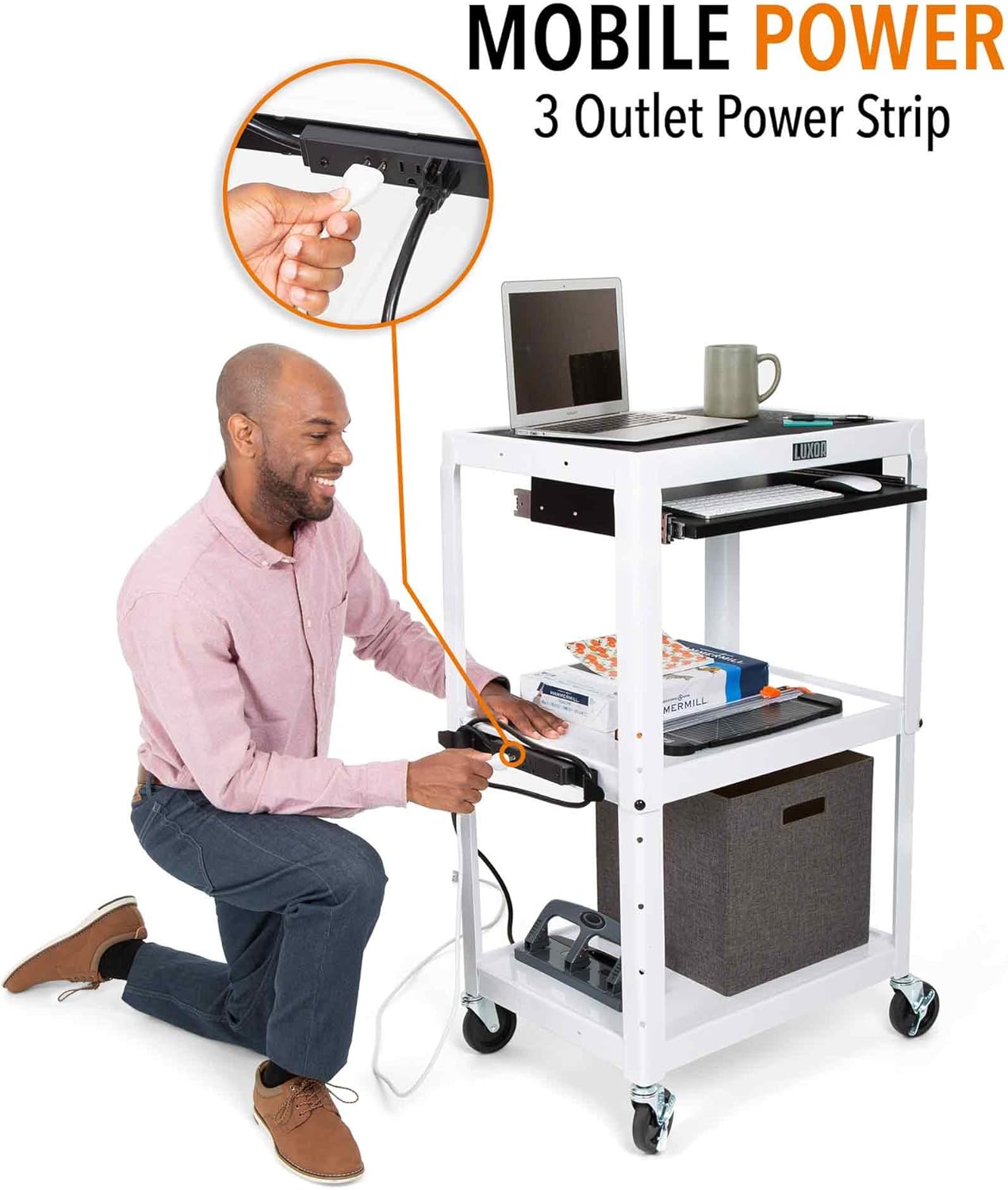 Line Leader White AV Cart | Height Adjustable Top Shelf & Pullout Keyboard Tray | Includes 15 ft Power Cord & Cord Management | Great for Modern Classroom or Workspace (42in x 24in x 18in / White) : Office Products