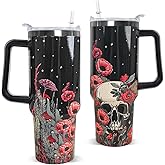 Nqhsionv Skull Tumbler with Handle and Straw 40 oz Gothic Skull Coffee Travel Mug Goth Flowers Style Insulated Cup Water Bottle Halloween Goth Stuff Gifts Decor for Women