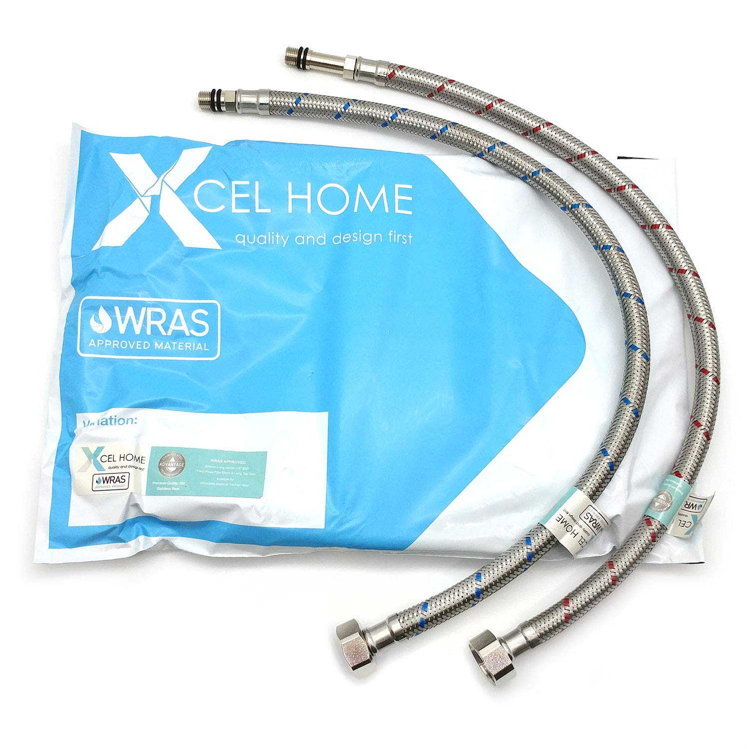 2 x WRAS Approved 500mm M10 (10mm) x 1/2" Flexible Pipe Tap Connector (9mm Inner bore) Stainless Steel Braided