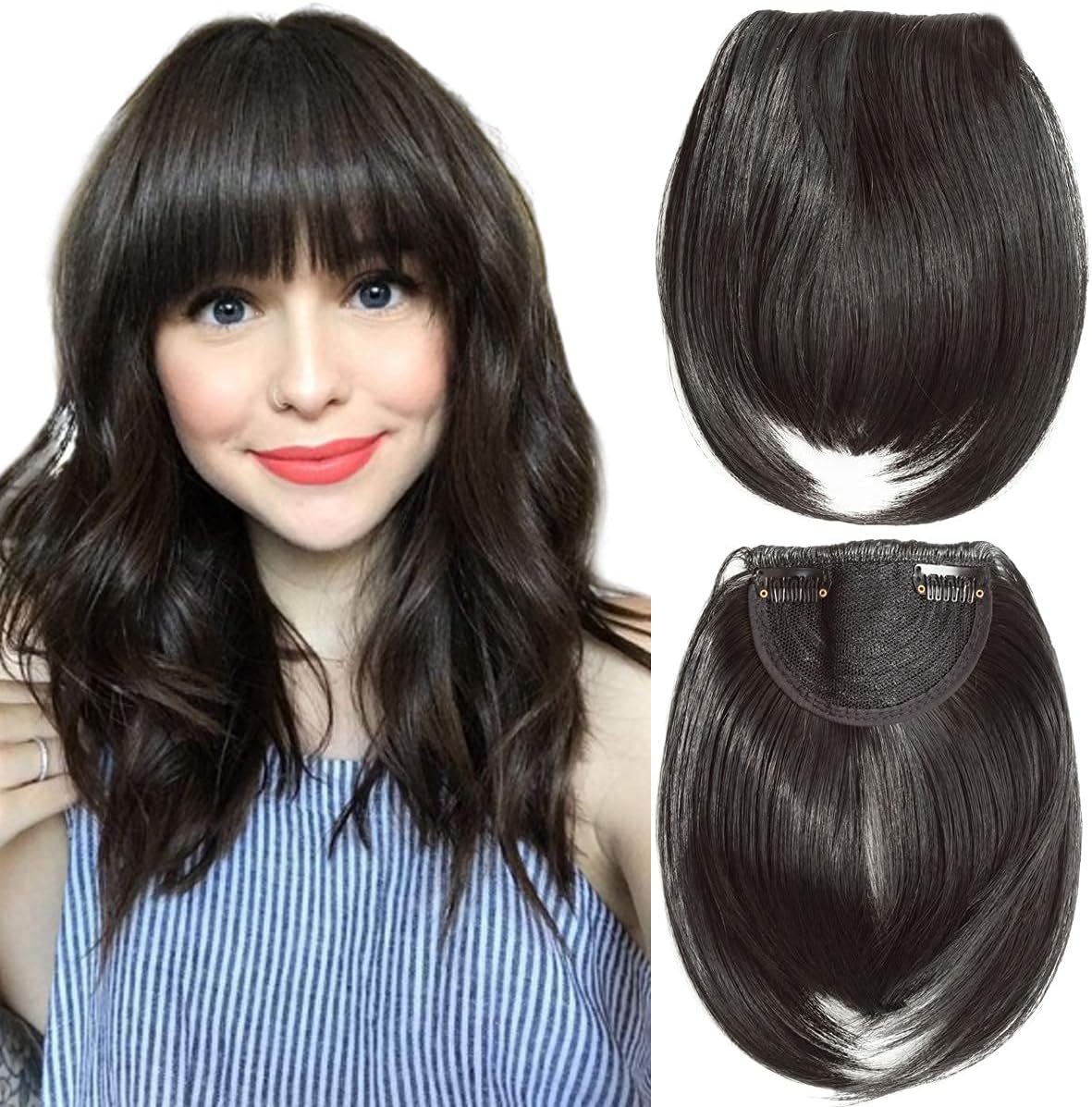 Chicgrowth Natural Black Neat Fringe Bangs Extensions Clip on Flat Neat Bangs with Temples