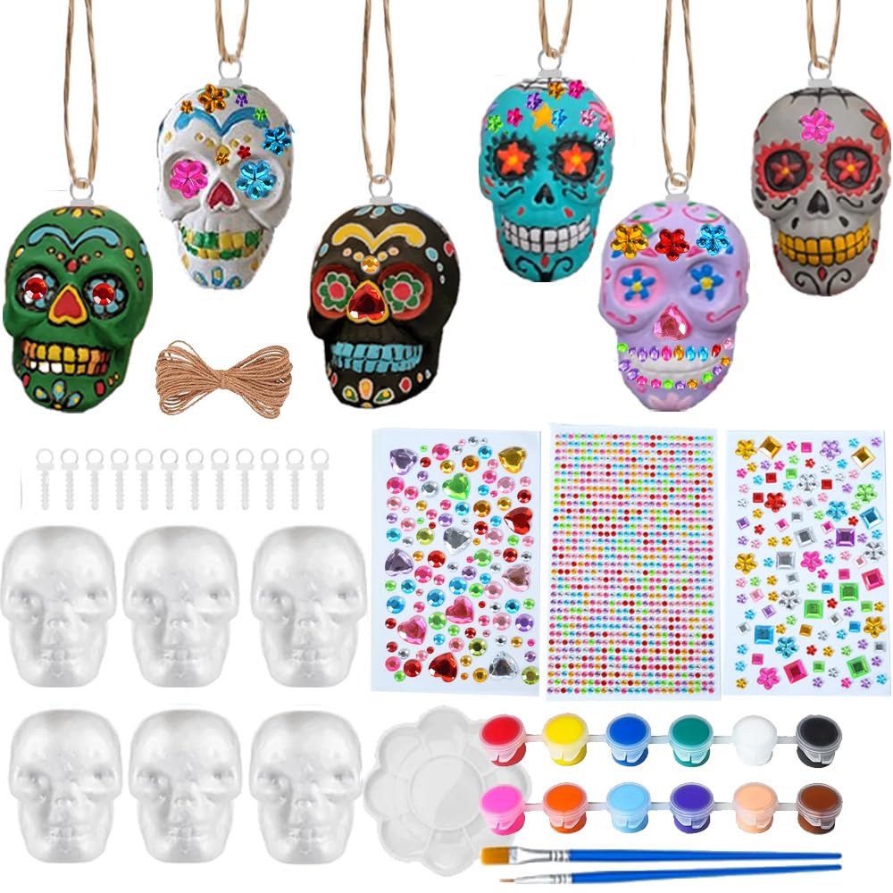 Photo 1 of 12 Sets of Day of The Dead Ornaments,Dia De Los Muertos Paint Your Own Sugar Skull Decorations Crafts Kit, DIY Halloween Hanging Foam Skeleton Head Decor for Altar De Muertos Halloween