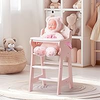 ROBUD Baby Doll High Chair, Pretend Play High Chair with Seat Belt, Pink Wooden Baby Doll Accessories with Movable Tabletop, 