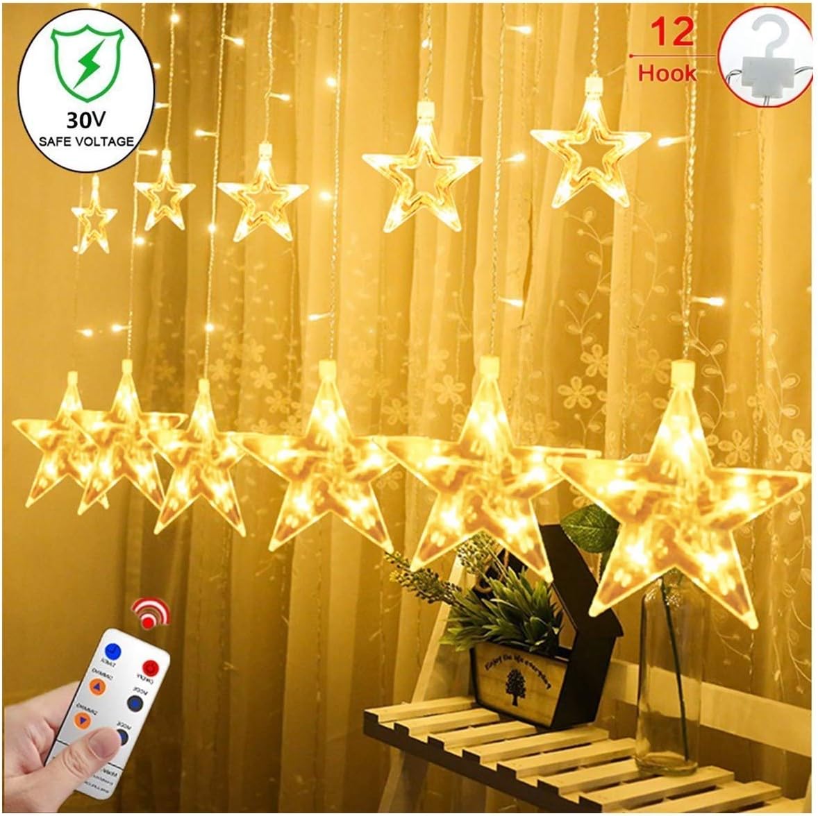 Star Curtain Lights, 6.5 Ft 12 Stars 12 Strings LED Fairy String Lights, 8 Flashing Modes Window Lights, Indoor Outdoor Waterproof Fairy Lights for Home Christmas Wedding Party Garden Decorations
