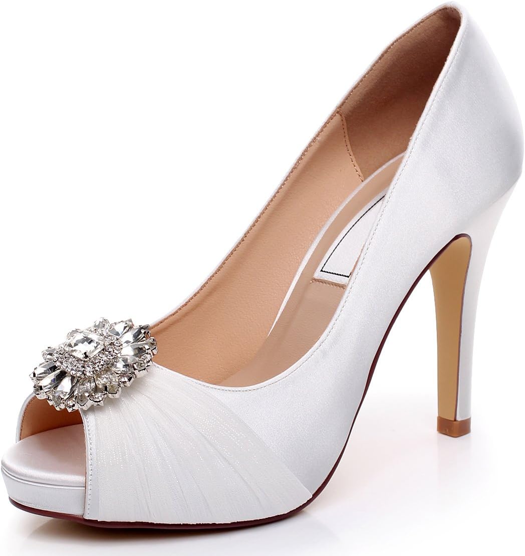YOOZIRI Satin Wedding Shoes Combining Lace and Rhinestone Brooch High Heel Bridal Shoes for Women 4.5inch-Peep Toe-EUR42