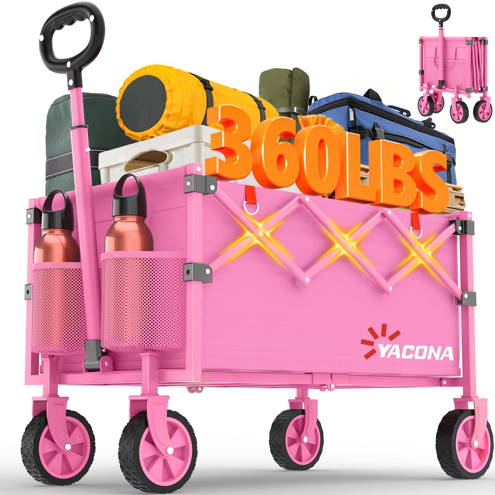 Photo 1 of Yozoia Wagons Carts Foldable, Lightweight Portable Utility Shopping Cart with Wheels, Folding Grocery Wagon Cart for Grocery, Camping, Shopping, Beach, Garden, Sports Pink
