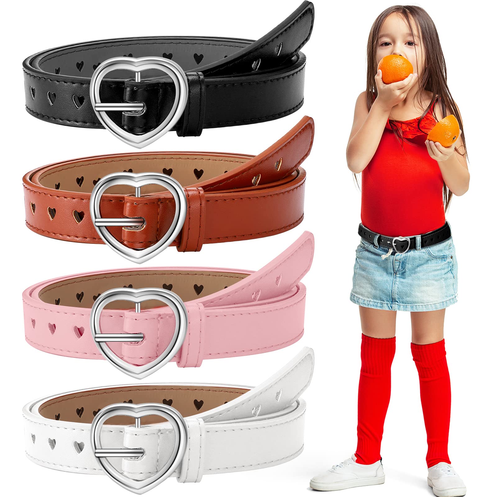 Photo 1 of Newcotte 4 Pcs Girls Belt Size 6-12 Kids PU Leather Waist Belt Hollow Heart Design Metal Buckle for Girl Dress Pants Jeans (Black, White, Khaki, Pink,Suit for Waist Size 22"-26")