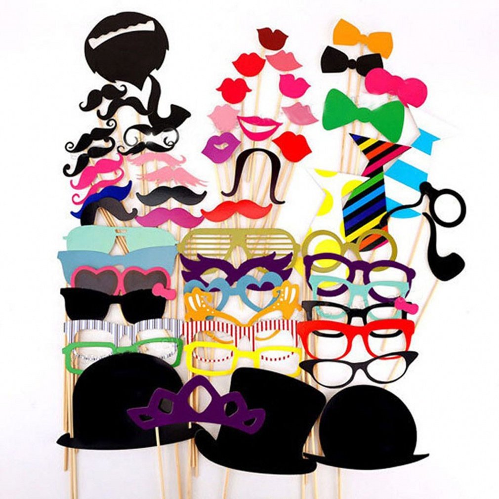 JZK 58 pieces Paper Photo Booth Props Moustache Mask Bow Lips Hat On Stick Party Birthday Wedding carnival