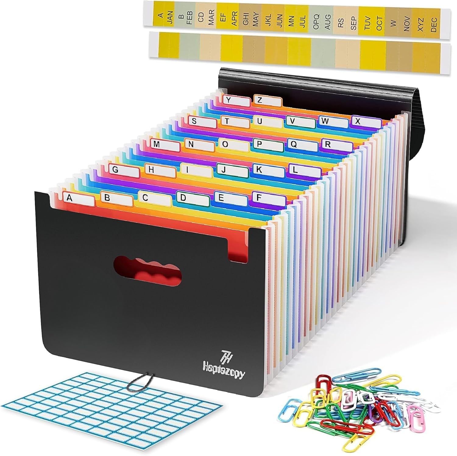 Photo 1 of 26 Pockets Plastic Accordion File Organizer, Expanding File Folder Organizer, A4 Letter Size Filing Organizer with Colorful Tabs, Elastic Cord, 60 Paper Clip, Label & Stickers for Office School Home