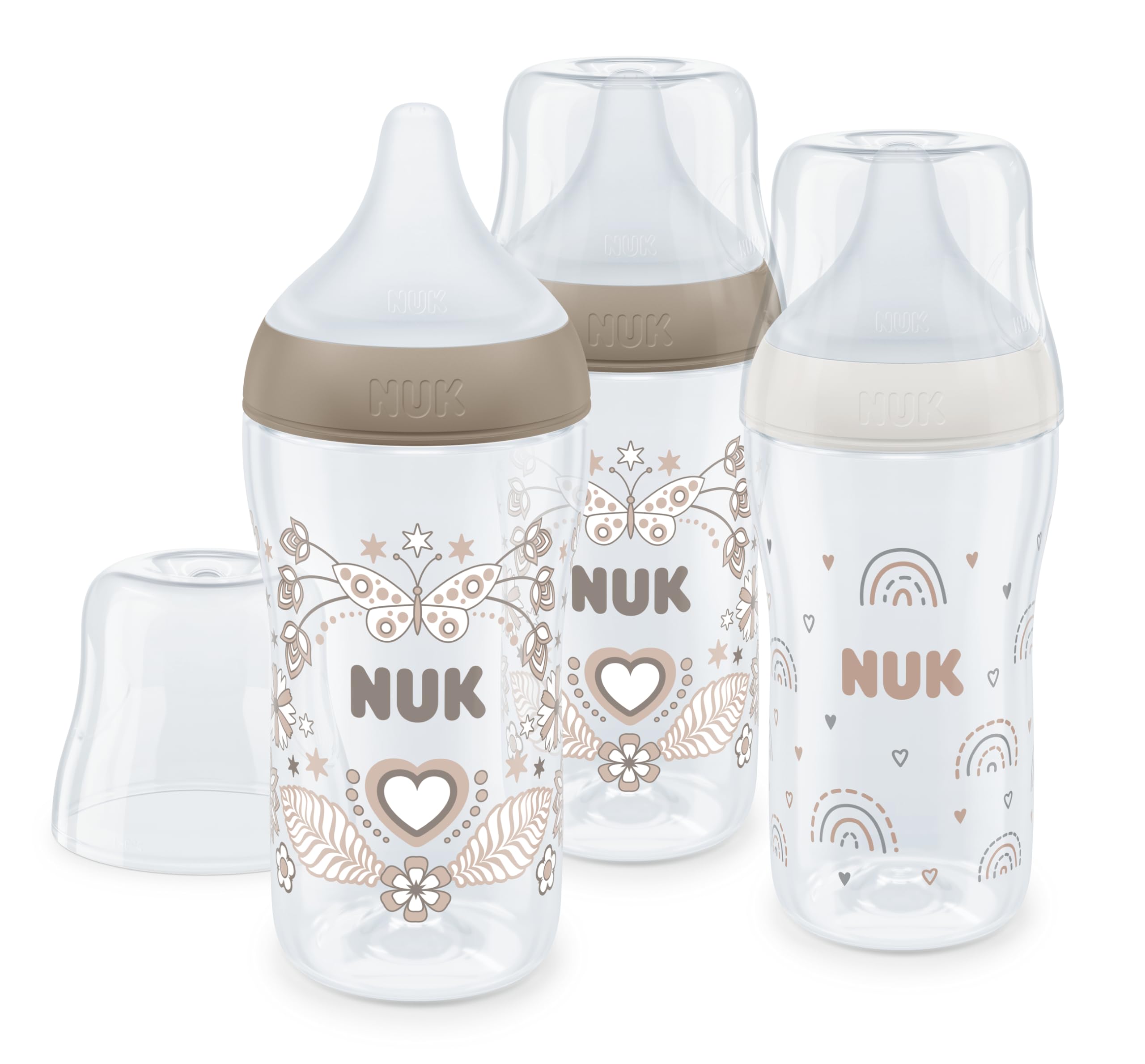 NUK Perfect Match Baby Bottles Set | 3+ Months | Adapts to Baby's Palate | Temperature Control | Anti Colic Vent | 260 ml | BPA-Free | Medium Silicone Teat | Rainbow & Heart | 3 Count