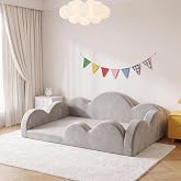 Zedachica Toddler Bed No Assembly Needed Soft Toddler Floor Bed with Cushioned Guardrails, Low-to-Ground Full Foam Kids Bed with Removable Washable Velvet Cover, Lightgrey