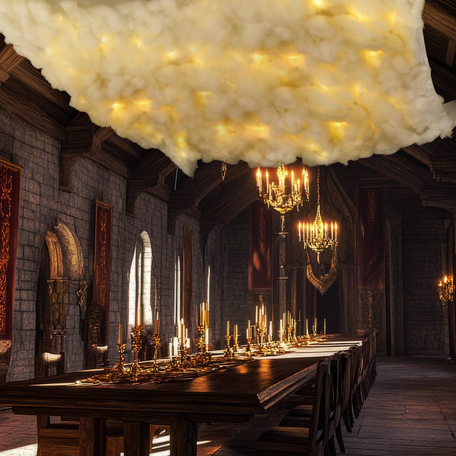 Photo 1 of Suncalla 3x4.3 ft Artificial Cloud Props 3D Imitation Cotton Cloud Hanging Decoration with LED String Light for Birthday Party Room Stage Magic Halloween School Classroom Theme Ceiling Decorative