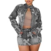 Uni Clau Womens Denim 2 Piece Set Cropped Jacket Mini Skirt Y2K Streetwear | Distressed cross patch, long sleeve zip up, high waist, for daily casual concert wear