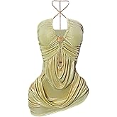 winkbay Women's Ruched Halter Mini Dress Summer Chain Cut Out Bodycon Asymmetrical Party Club Dresses