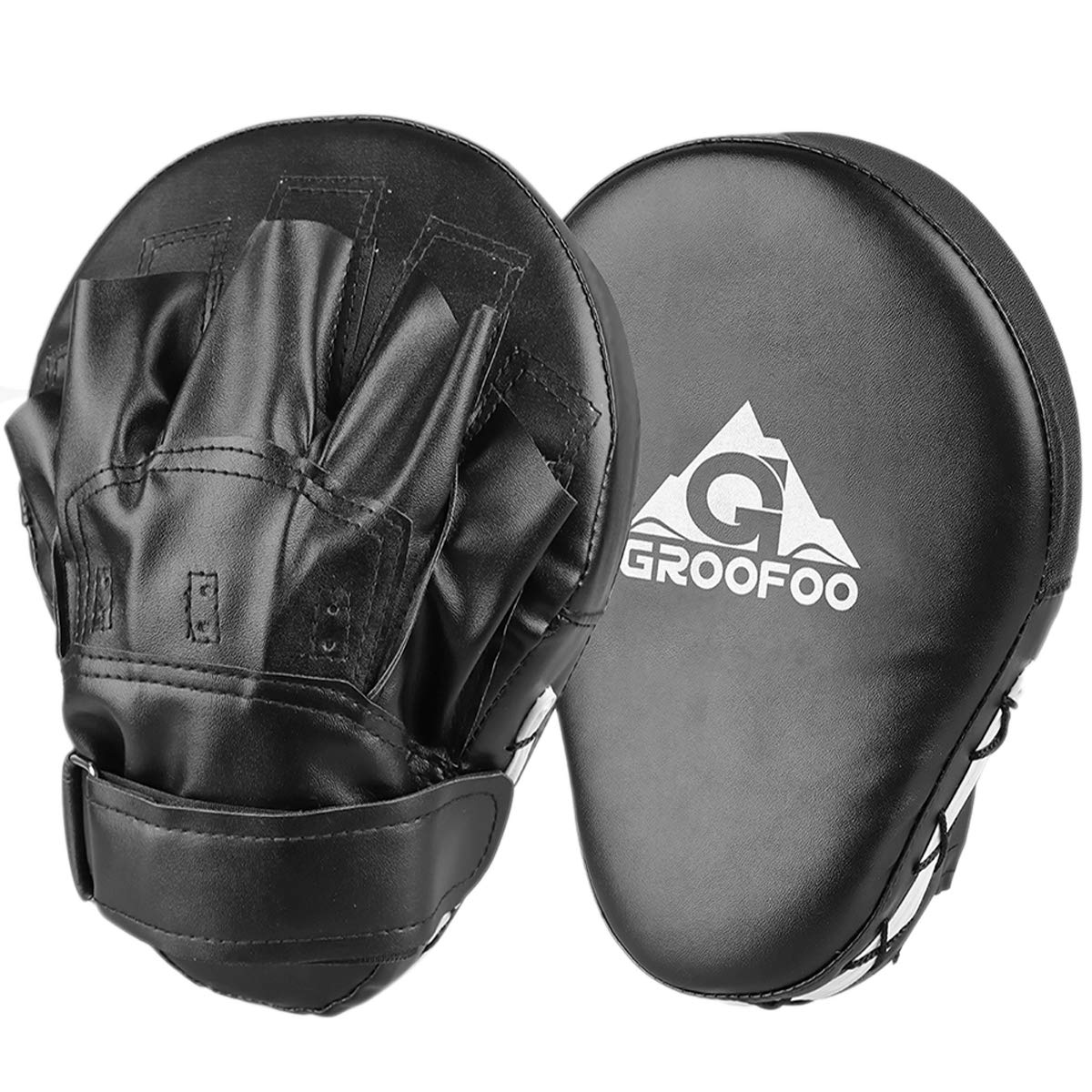 GROOFOO Boxing Pads 2PCS Boxing Focus Mitts and Pads for Target Sparring Training PU Leather Strike Pads for Kids & Adults MMA, Muay Thai, Karate, Dojo, Taekwondo - Black