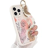 Jefonha Compatible with iPhone 14 Pro Max Case with Finger Hand Strap for Girls Women, Cute Flowers Floral Phone Case with Wristband Kickstand, Durable Silicone Protective Cover, Beige