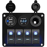 4 Gang Waterproof Marine Boat Rocker Switch Aluminum Panel with 12V LED Digital Display Voltmeter and 3.1A Dual USB Slot Sock