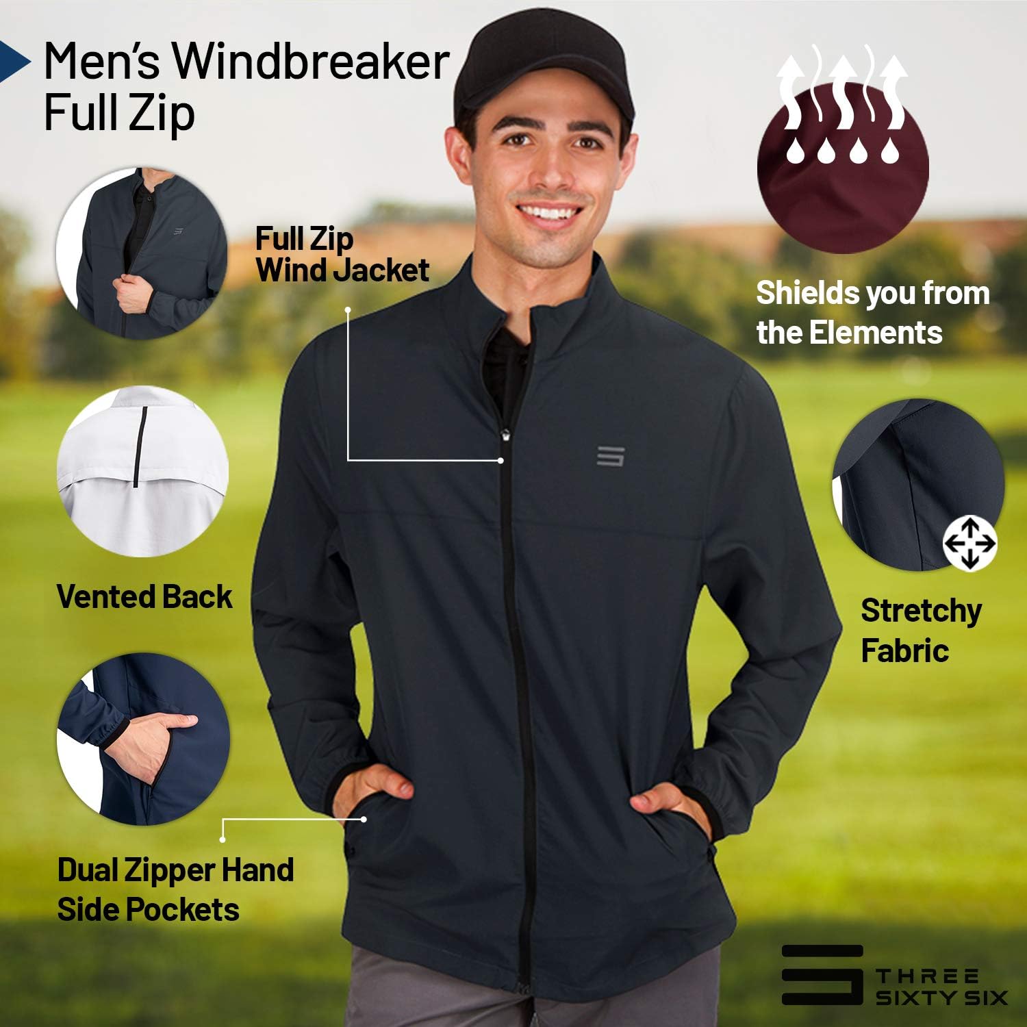 Mens Windbreaker Jackets - Zippered Golf Wind Breaker Jacket - Vented, Dry Fit: Clothing