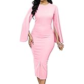 Women Church Dresses Bodycon Work Dress Bell Long Sleeve Round Neck Business Pencil Dresses