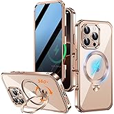 Upholyee [360° Rotatable CD Stand & Built-in Privacy Screen Magnetic Case for iPhone 16 Pro Max [Compatible with MagSafe & Full Signal] Shockproof Full Body Anti-Spy Cover for 16 Pro Max-Desert Gold