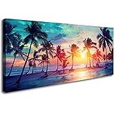 DZL Art S75550 Canvas Wall Art Palm Trees Silhouettes On Tropical Beach At Sunset Beach Seascape Painting Nature Pictures for Living Room Home Office Wall Decor Artwork