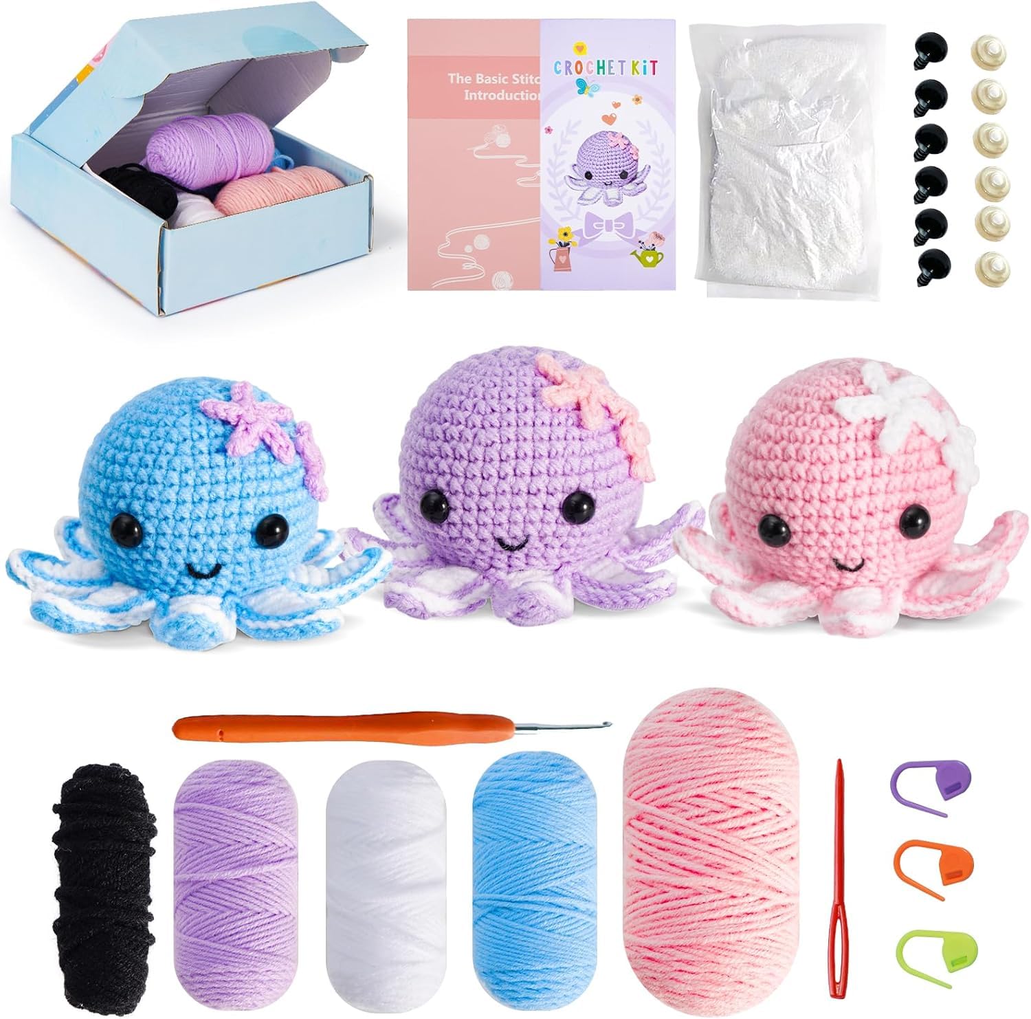 Crochet Kit for Beginners: Make 3 Cute Amigurumi Animals with Easy-to-Follow Video Tutorial, Complete Beginner Crochet Kits f